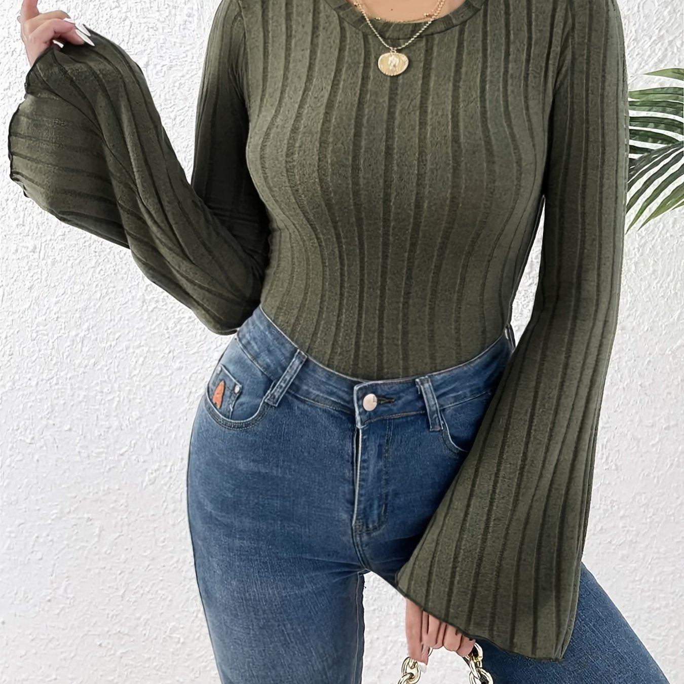 gbolsos  Ribbed Knit Flared Sleeve T-Shirt, Casual Lettuce Trim Top For Spring & Fall, Women's Clothing