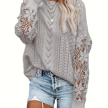 gbolsos   Contrast Lace Eyelet Knit Sweater, Casual Crew Neck Long Sleeve Sweater, Women's Clothing