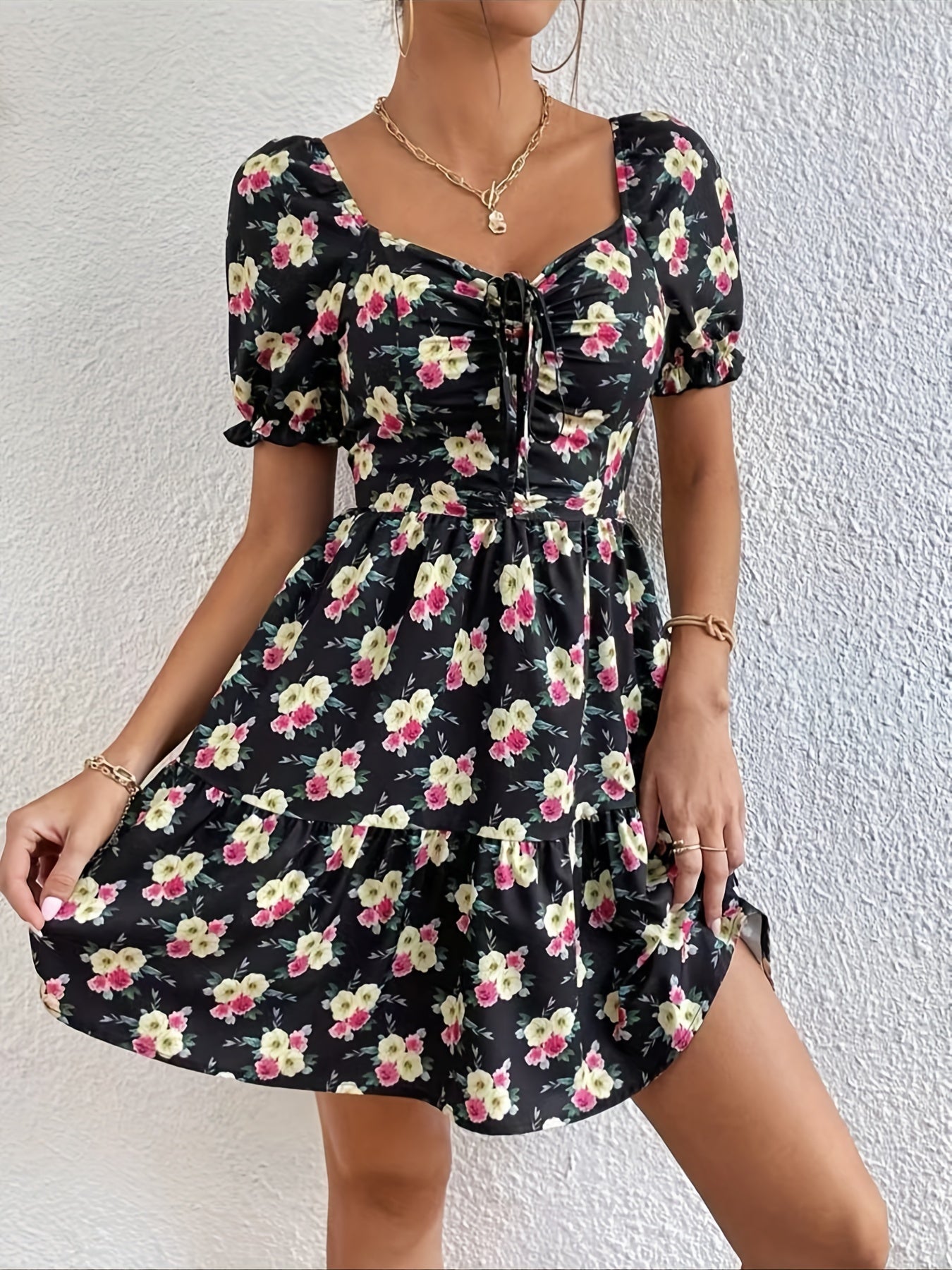 gbolsos  Floral Print Drawstring Ruched Dress, Sexy Short Sleeve Dress For Spring & Summer, Women's Clothing