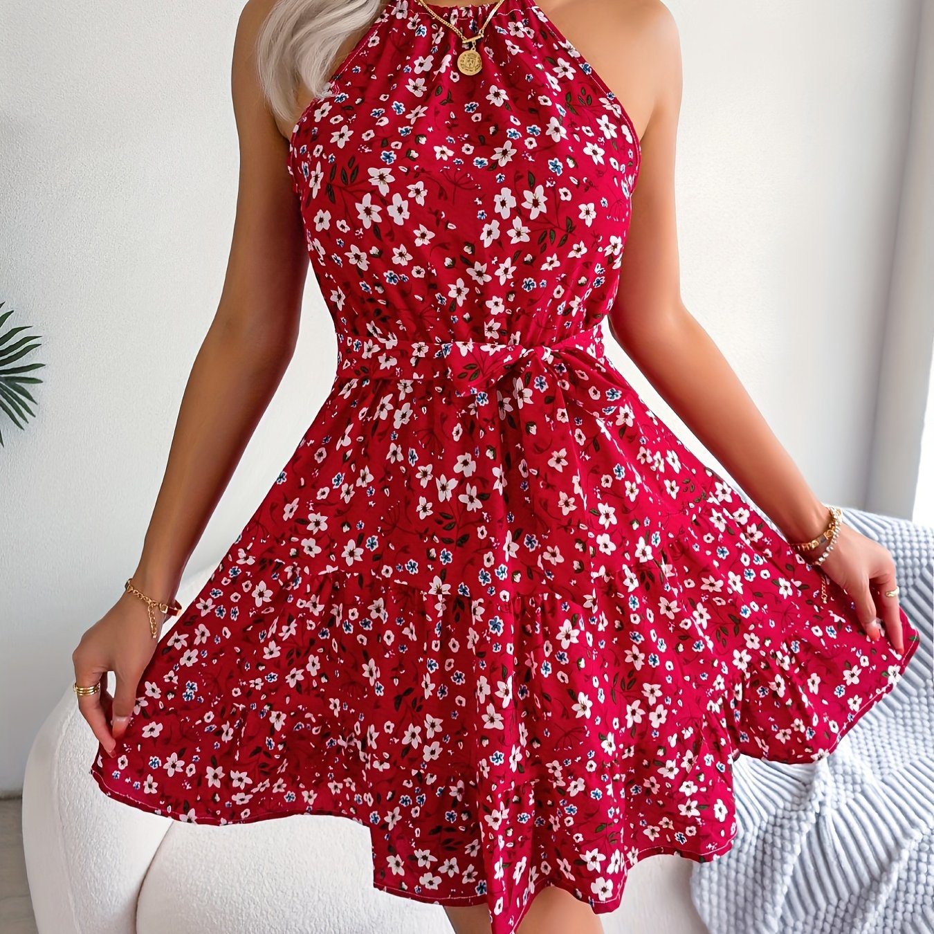 Floral Print Belted Beach Dress, Sleeveless Casual Vacation Dress For Summer & Spring, Women's Clothing