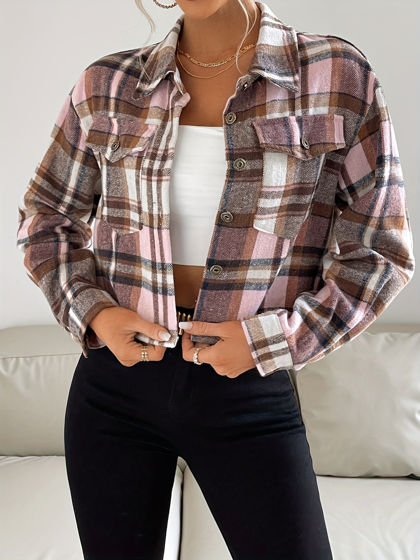 gbolsos  Button Plaid Lapel Jacket, Casual Flap Pockets Long Sleeve Crop Jacket, Women's Clothing