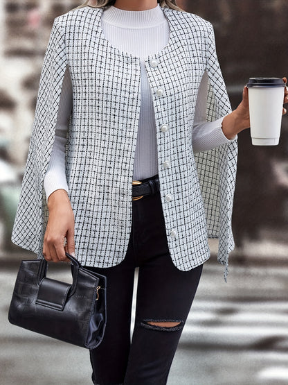 gbolsos  Plaid Beaded Button Cloak Sleeve Blazer, Elegant Crew Neck Outwear For Work & Office, Women's Clothing