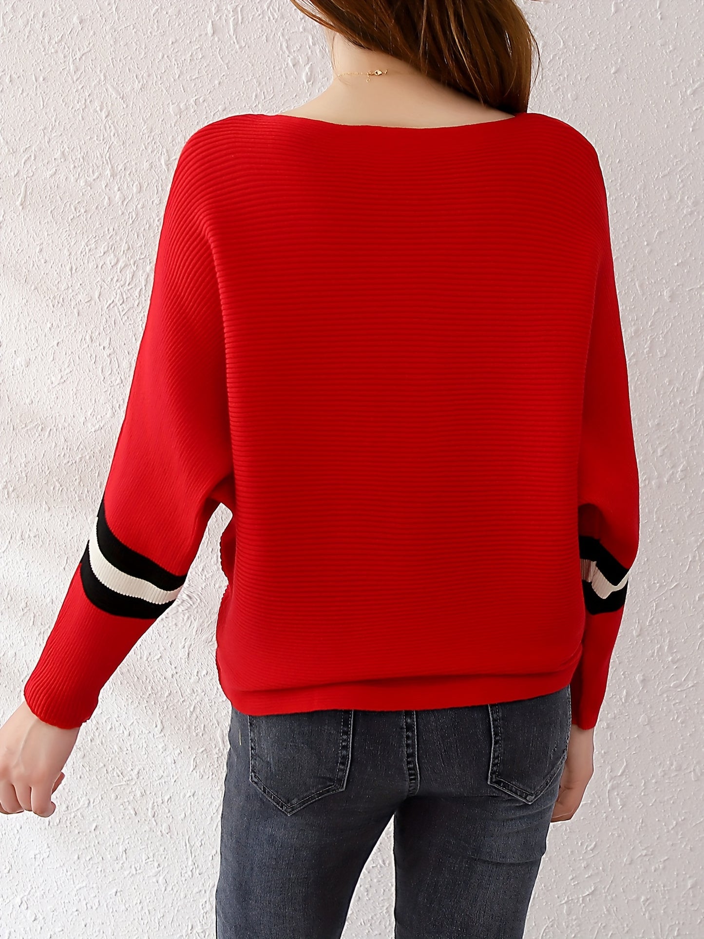 Color Block Boat Neck Knit Sweater, Elegant Long Sleeve Sweater, Women's Clothing