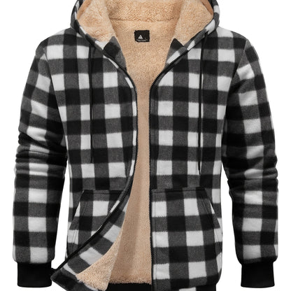 gbolsos  Warm Thick Fleece Plaid Jacket, Men's Casual Elegant Hooded Coat For Fall Winter