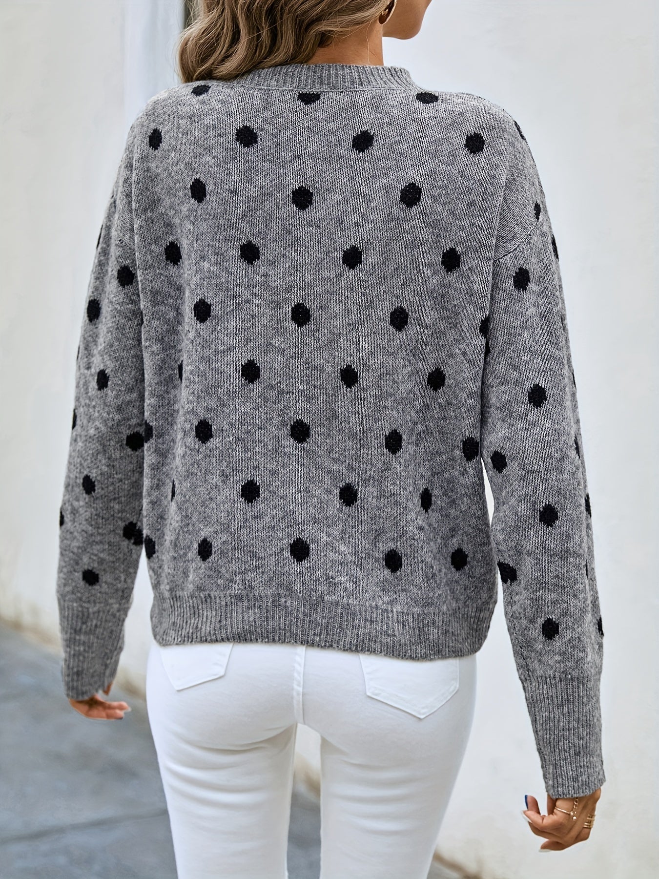 gbolsos  Polka Dot Crew Neck Pullover Sweater, Casual Long Sleeve Sweater For Fall & Winter, Women's Clothing