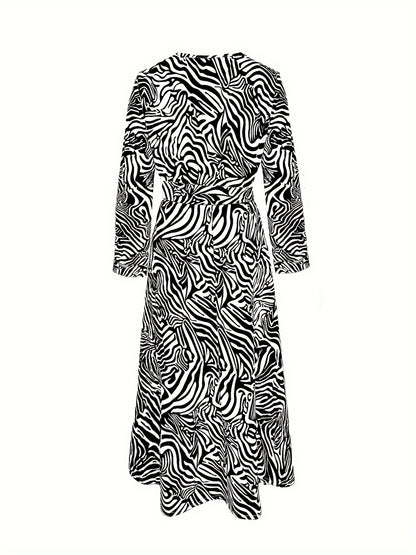 Zebra Print Button Up Dress, Casual Flowy V Neck Three Quarter Sleeve Tie Waist Midi Dress, Women's Clothing