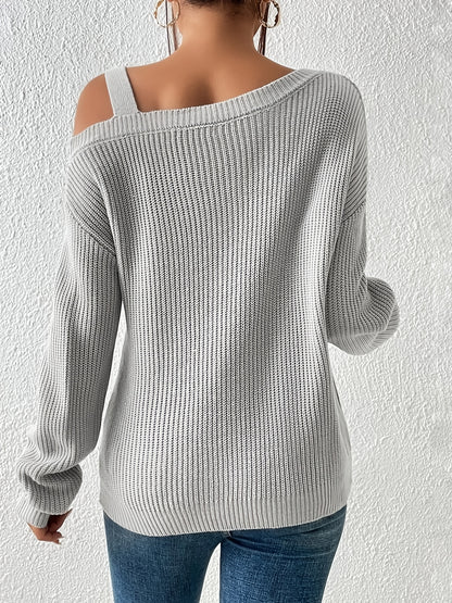 Solid Cold Shoulder Pointelle Knit Sweater, Casual Long Sleeve Sweater For Spring & Fall, Women's Clothing