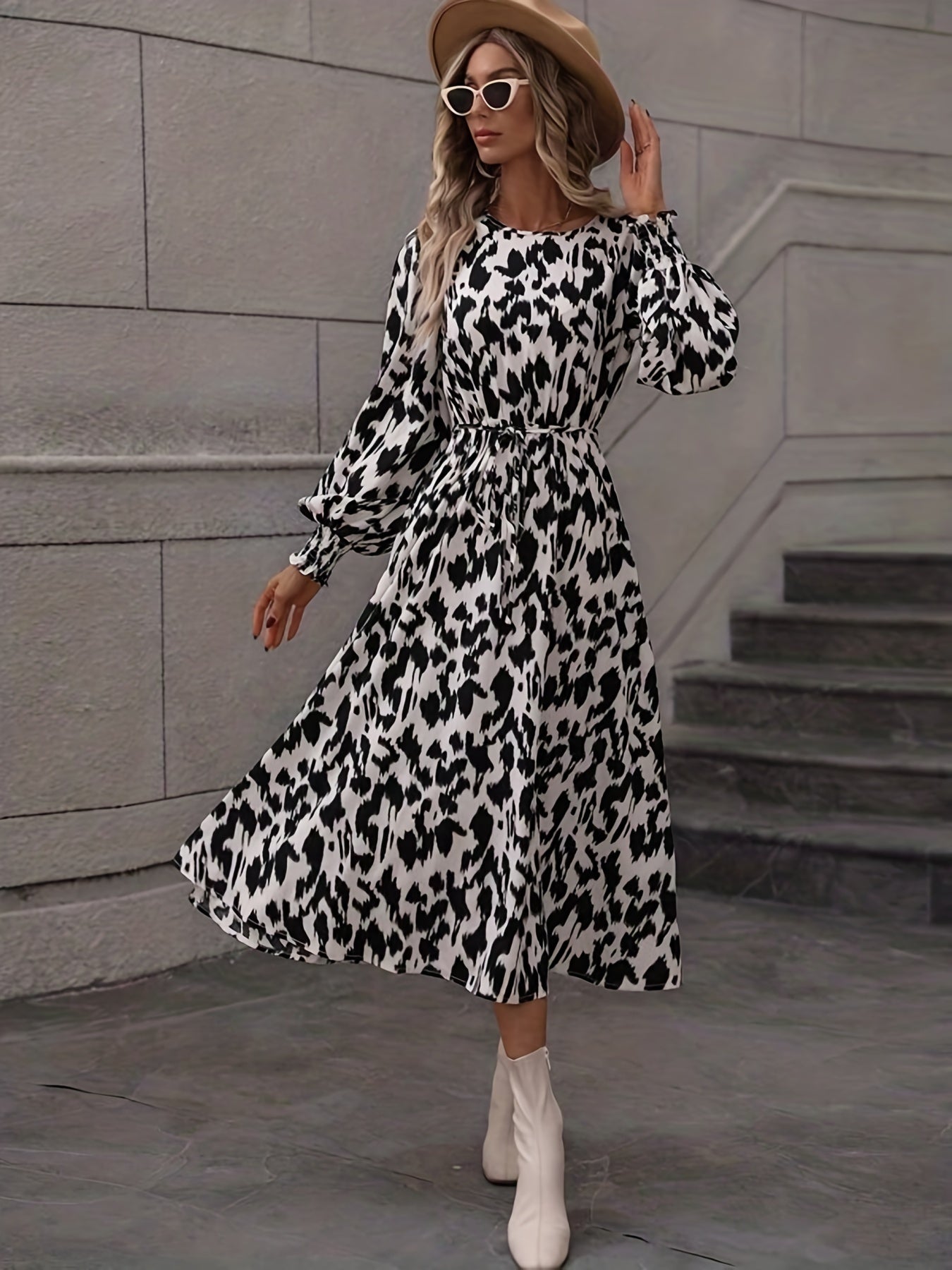 gbolsos  Leopard Print Midi Dress, Elegant Crew Neck Long Sleeve Dress, Women's Clothing