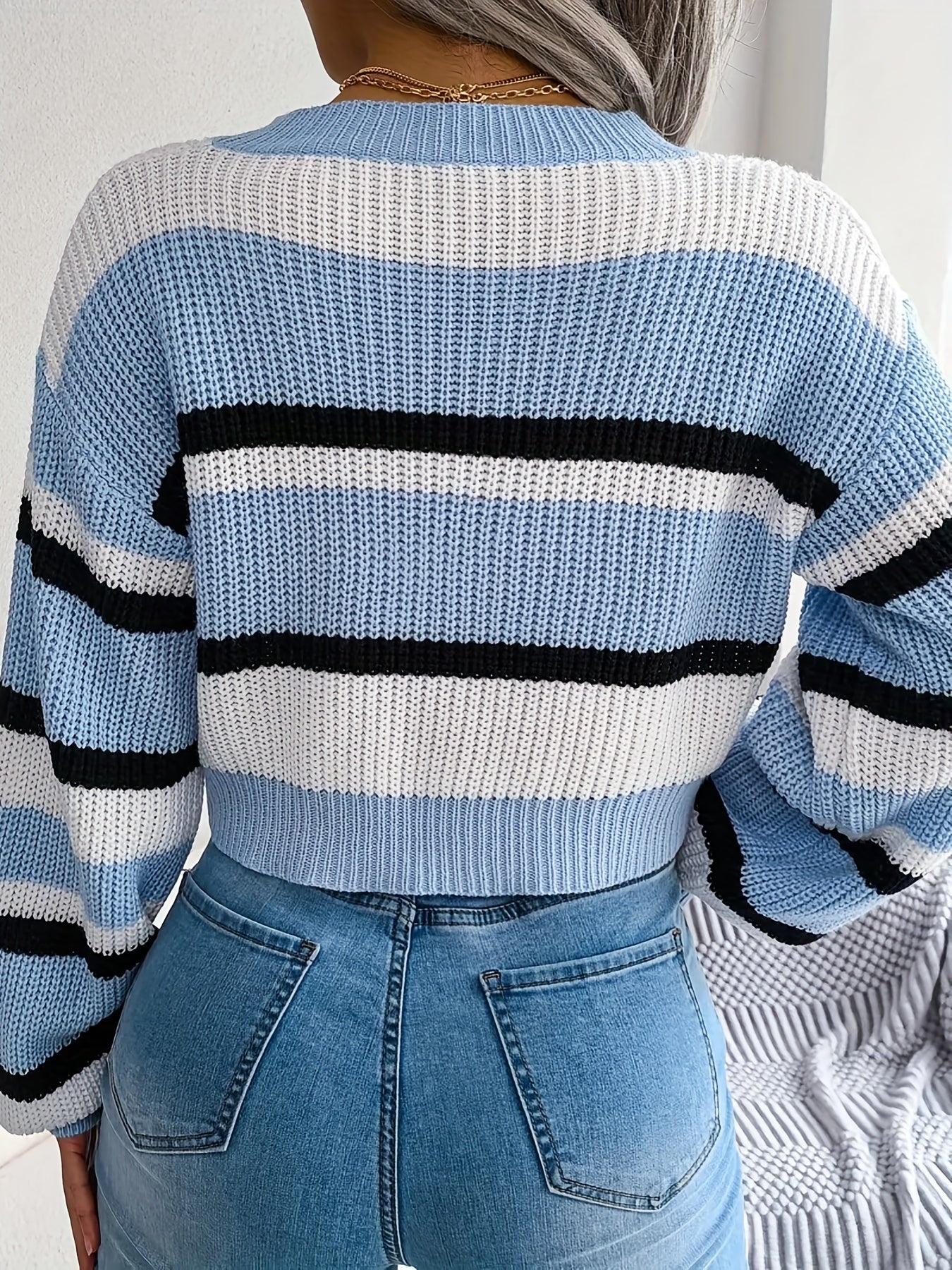 gbolsos  Striped Crew Neck Crop Sweater, Casual Long Sleeve Sweater For Spring & Fall, Women's Clothing