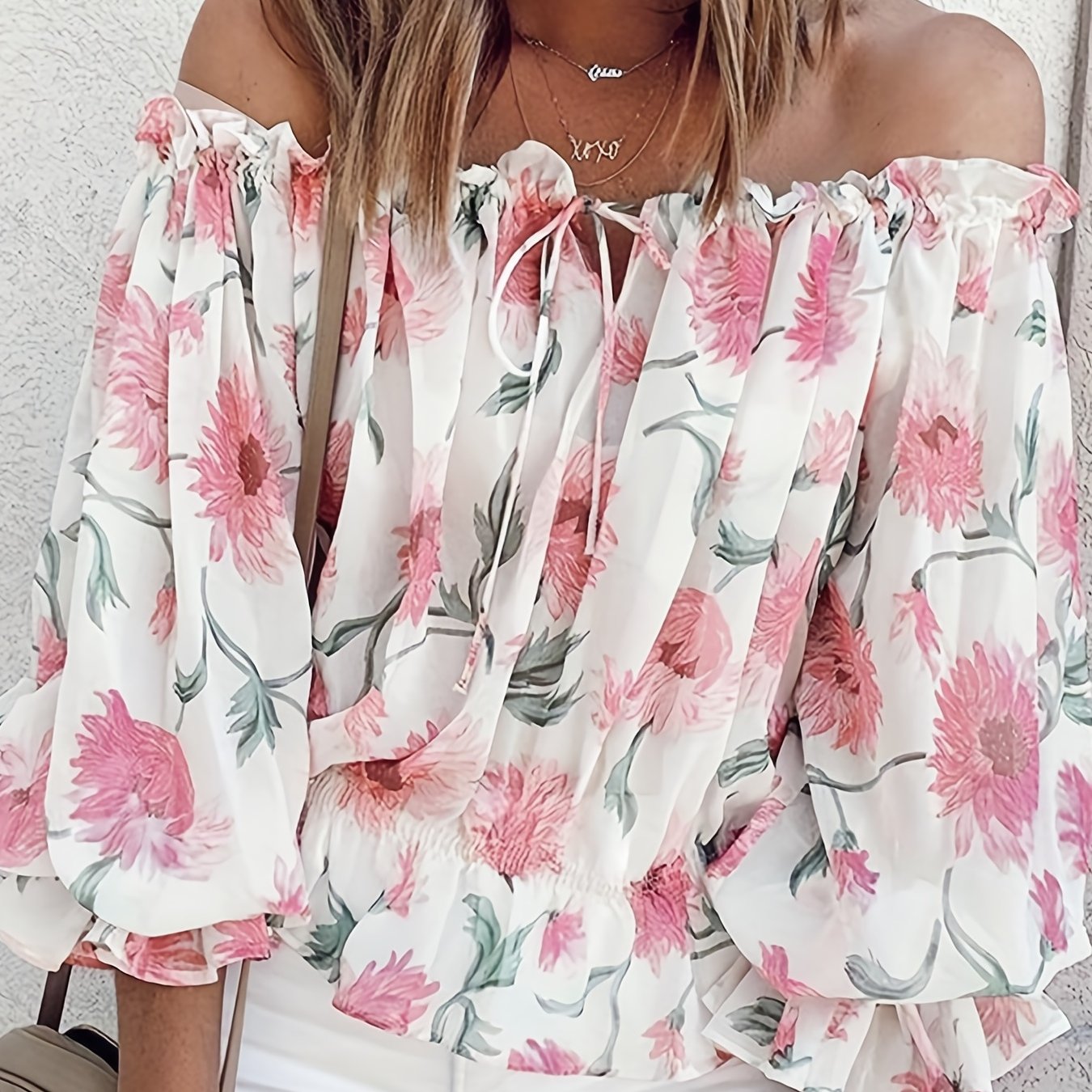 gbolsos  Off Shoulder Floral Print Blouse, Casual Ruffle Trim Blouse, Women's Clothing