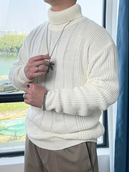 Men's Turtleneck Rib Knit White Sweater