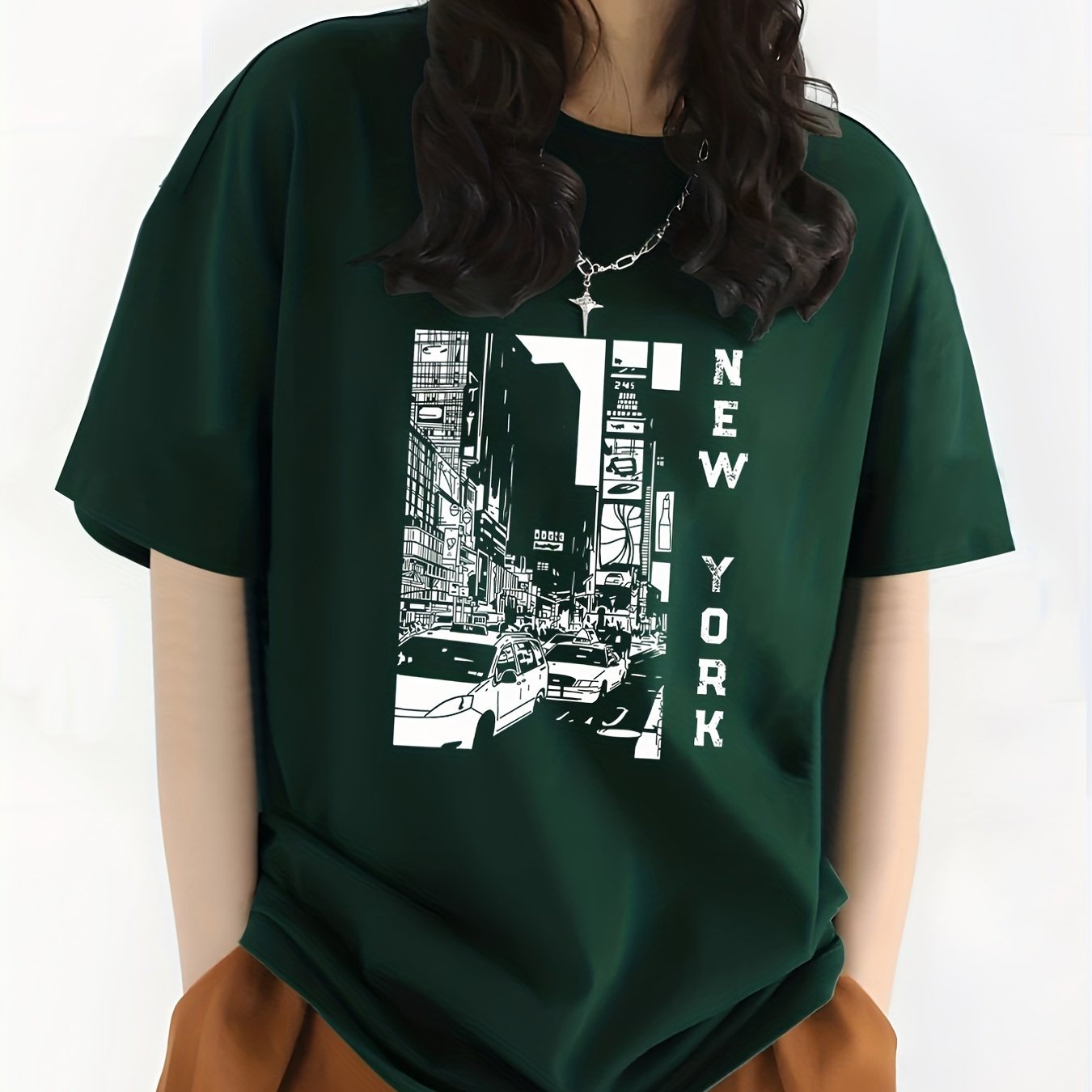 gbolsos  City View & New York Letter Print Crew Neck Casual T-Shirt, Solid Color Short Sleeve Fashion Pullover Top, Women's Clothing