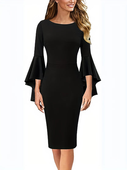 gbolsos  Solid Flare Sleeve Slim Dress, Elegant Bodycon Dress For Party & Banquet, Women's Clothing