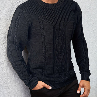 Men's Casual Black Ribbed Knit Pullover Sweater For Winter