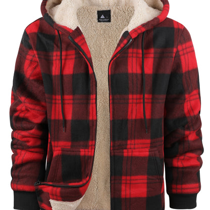 gbolsos  Warm Thick Fleece Plaid Jacket, Men's Casual Elegant Hooded Coat For Fall Winter