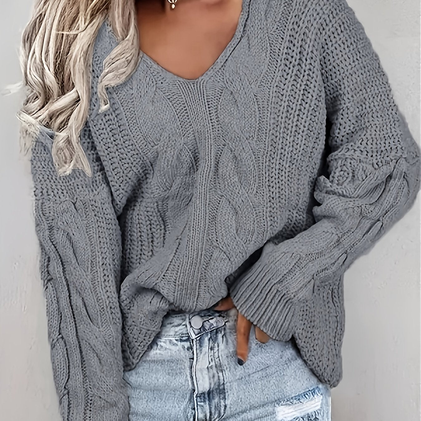 gbolsos  Plus Size Casual Knit Top, Women's Plus Solid Cable Long Sleeve V Neck High Stretch Pullover Sweater