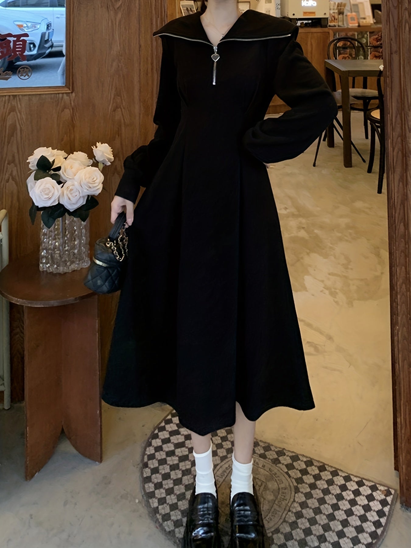 Zipper Midi Dress, Casual Solid Long Sleeve A Line Dress, Women's Clothing