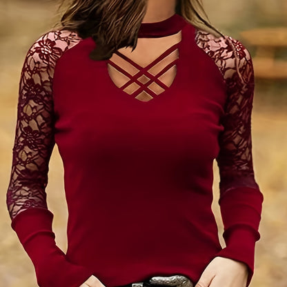 gbolsos  Lace Stitching Solid T-shirt, Sexy Criss Cross Long Sleeve Crew Neck T-shirt, Women's Clothing