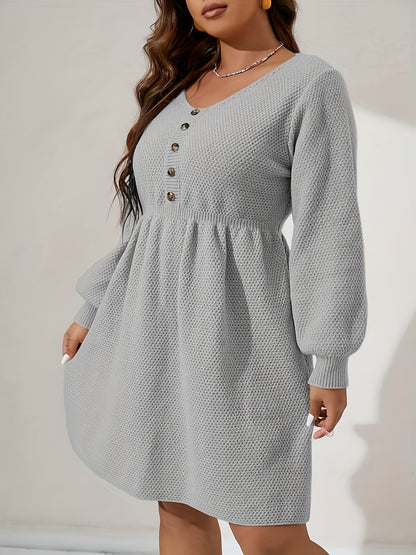 Plus Size Casual Sweater Dress, Women's Plus Solid Lantern Sleeve Nipped Waist Henley Sweater Dress