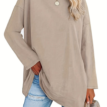 Basic Loose Solid T-Shirt, Casual Long Sleeve Crew Neck T-Shirt, Casual Every Day Tops, Women's Clothing