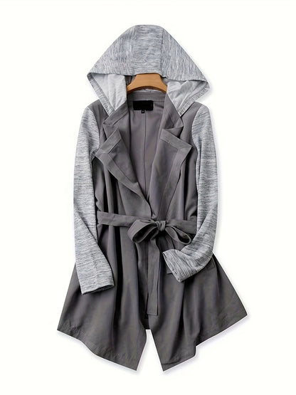 Open Front Tie-waist Hooded Coat, Casual Long Sleeve Splicing Coat, Women's Clothing