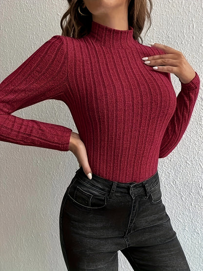 gbolsos  Solid Turtleneck Knit Top, Elegant Slim Long Sleeve Sweater For Spring & Fall, Women's Clothing