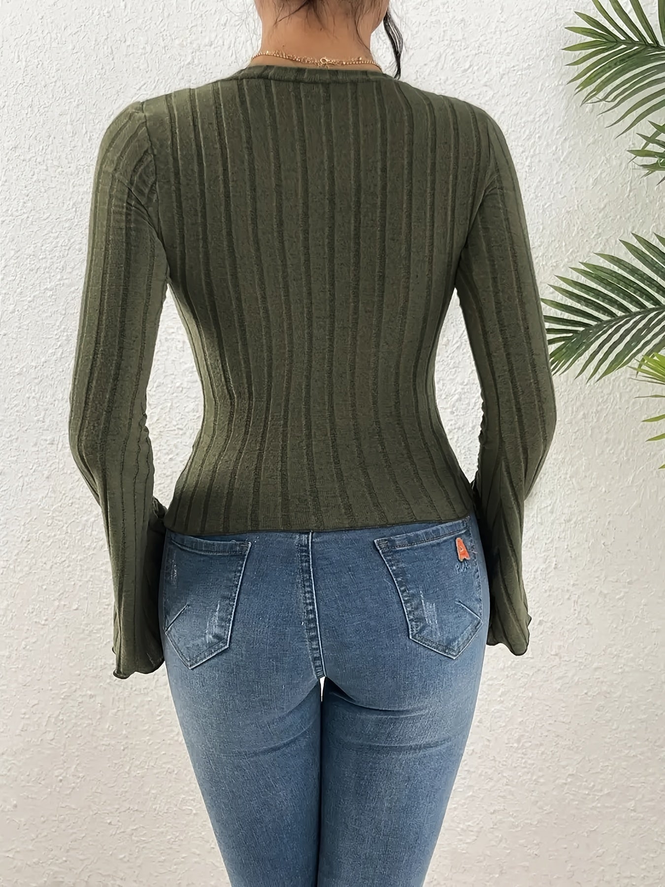 gbolsos  Ribbed Knit Flared Sleeve T-Shirt, Casual Lettuce Trim Top For Spring & Fall, Women's Clothing