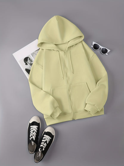 Zip Up Drawstring Hoodie, Pocket Casual Hooded Sweatshirt For Winter & Fall, Women's Clothing