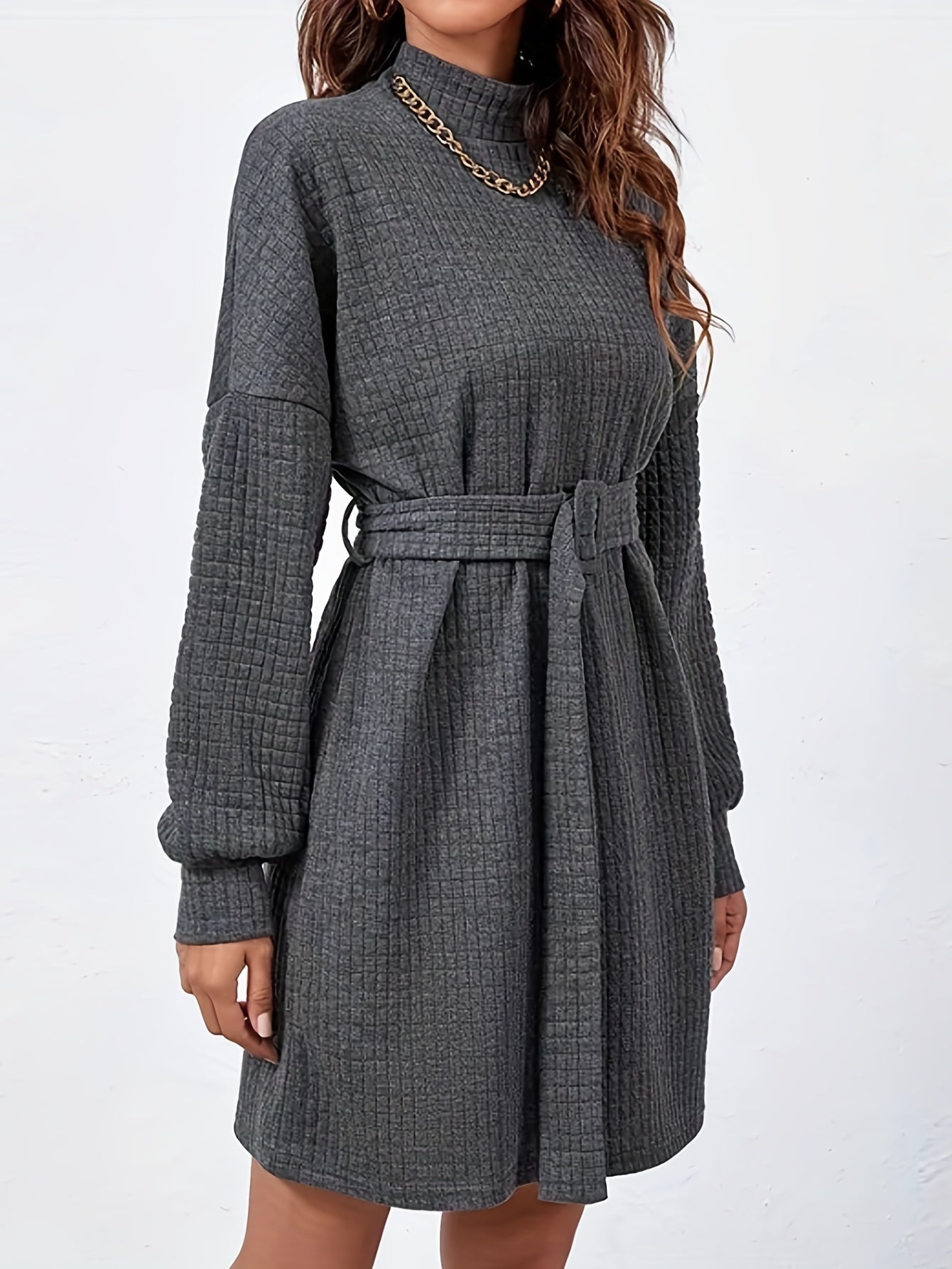 Textured Drop Shoulder Dress, Elegant High Neck Long Sleeve Dress, Women's Clothing