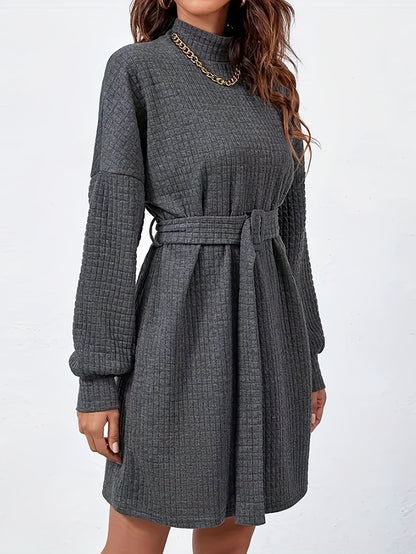 Textured Drop Shoulder Dress, Elegant High Neck Long Sleeve Dress, Women's Clothing