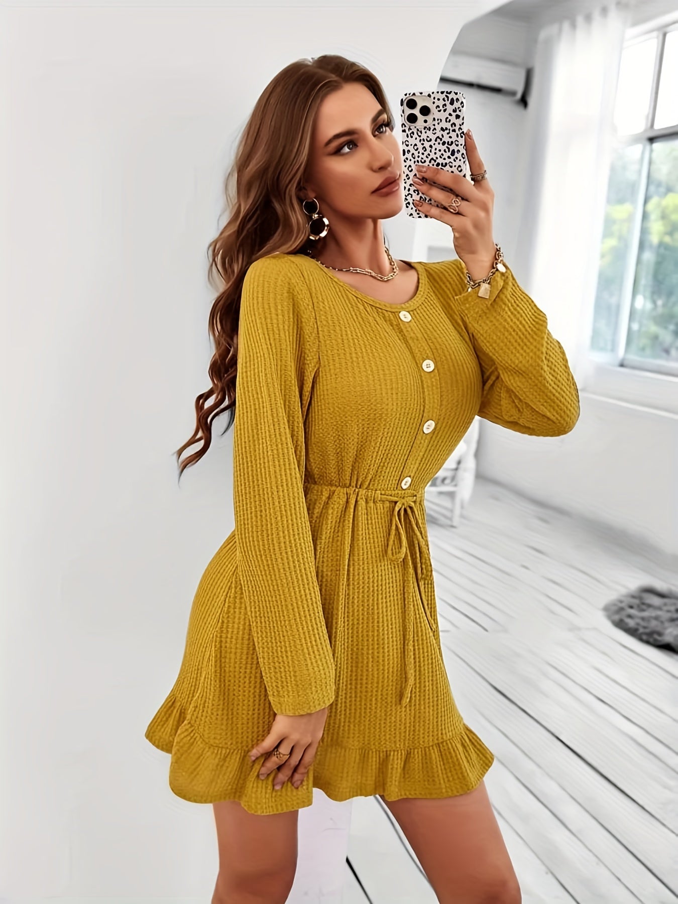 Ruffle Hem Button Front Dress, Casual Long Sleeve Crew Neck Drawstring Dress, Women's Clothing