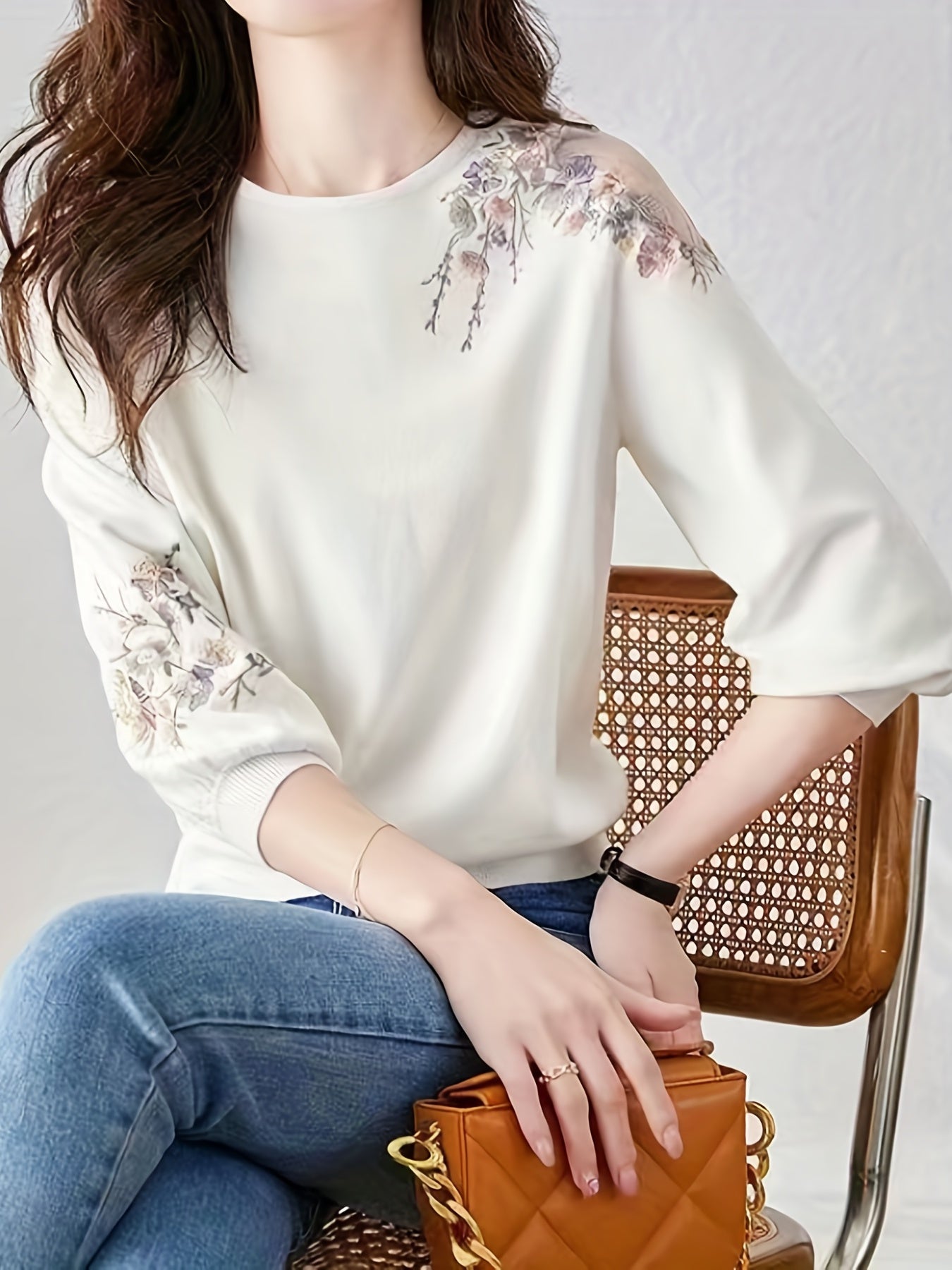 kkboxly  Floral Print Cold Shoulder T-shirt, Elegant Crew Neck T-shirt For Spring & Fall, Women's Clothing