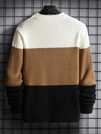 Stylish Men's Color Block Knit Sweater with Comfortable Crew Neck