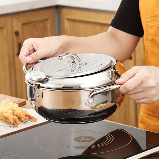 1pc 304 Stainless Steel Deep Fryer Pan with Thermometer, Oil Drip Drainer Rack - Perfect for Cooking Large Turkey Legs, Crispy Chicken Wings, and Golden French Fries - 20cm/24cm