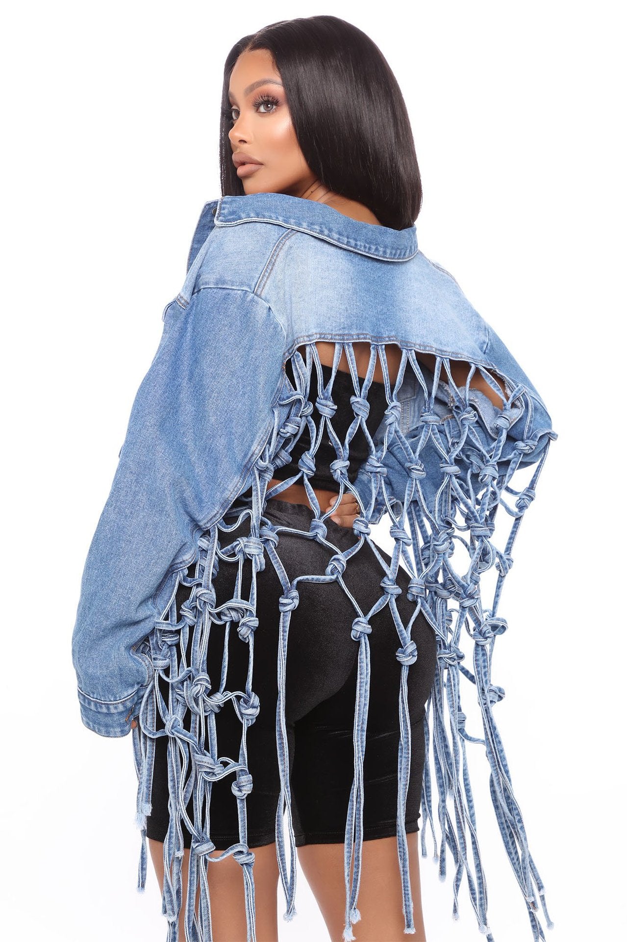 gbolsos  Back Woven Mesh Tassel Hem Denim Jacket, Hollow Out Knotted Cropped Denim Coats, Women's Denim Jackets & Clothing