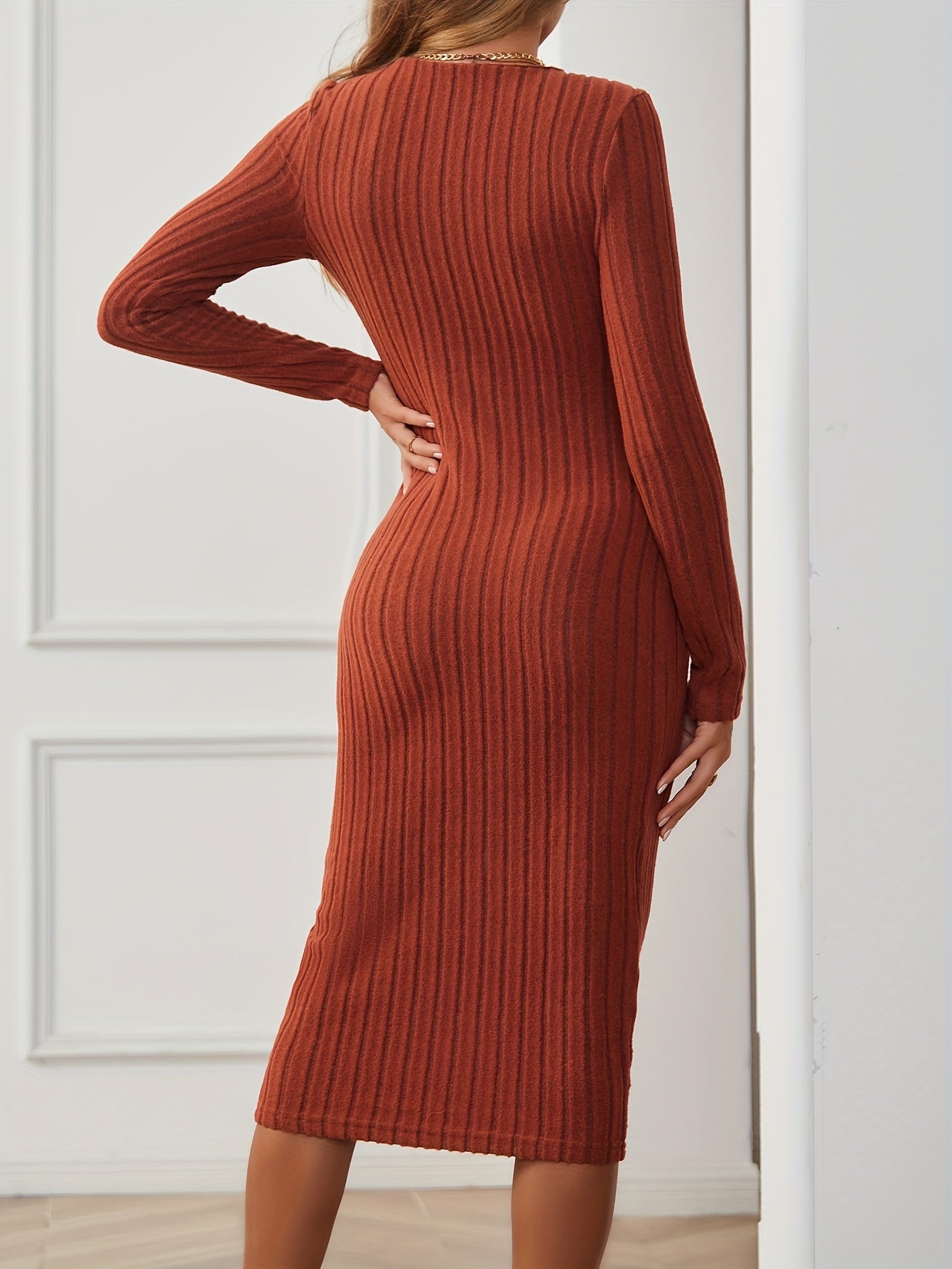 Ribbed Squared Neck Dress, Casual Long Sleeve Bodycon Dress, Women's Clothing