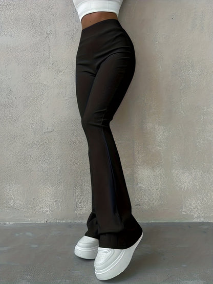 Casual Rib Simple Slim Leggings Pants, Solid High Waisted Fashion Fall & Winter Long Pants, Women's Clothing