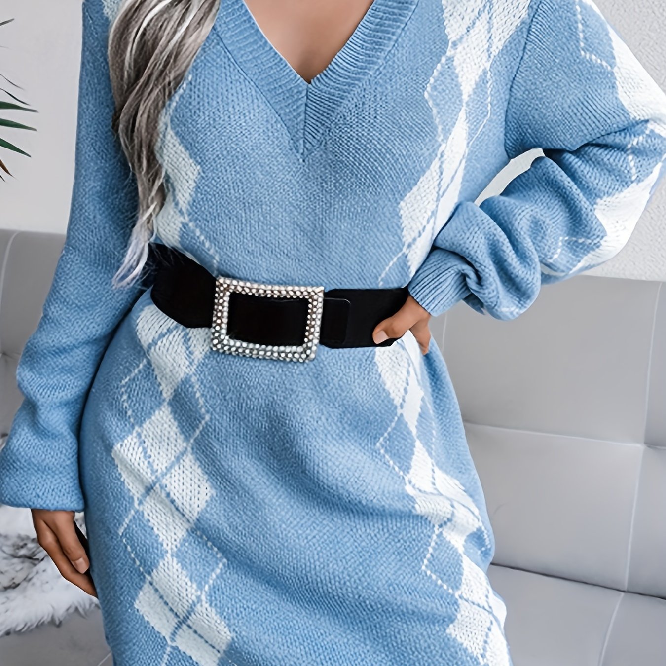 gbolsos   Plus Size Casual Sweater Dress, Women's Plus Argyle Print Long Sleeve V Neck Sweater Dress