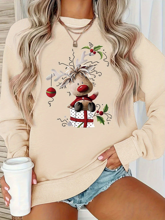 Y2K Style - Cartoon Christmas Reindeer Pattern Women's Round Neck Pullover Casual Sports Long-sleeved Plush Lined Sweater Pullover Top