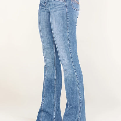 gbolsos  Mid Rise Flare Jeans, Slash Pockets Bell Bottom Wide Leg Slim Fit Denim Pants, Women's Denim Jeans & Clothing