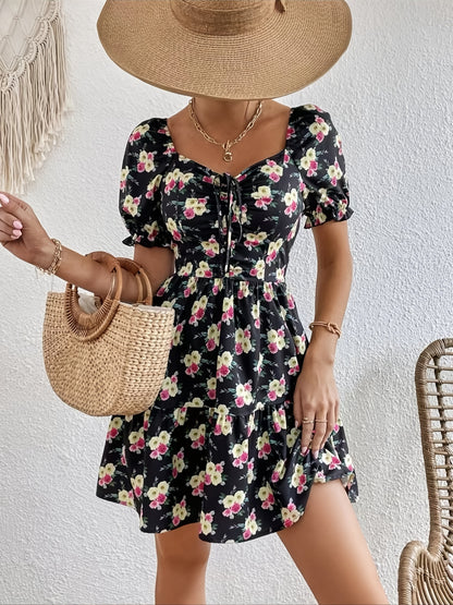 gbolsos  Floral Print Drawstring Ruched Dress, Sexy Short Sleeve Dress For Spring & Summer, Women's Clothing