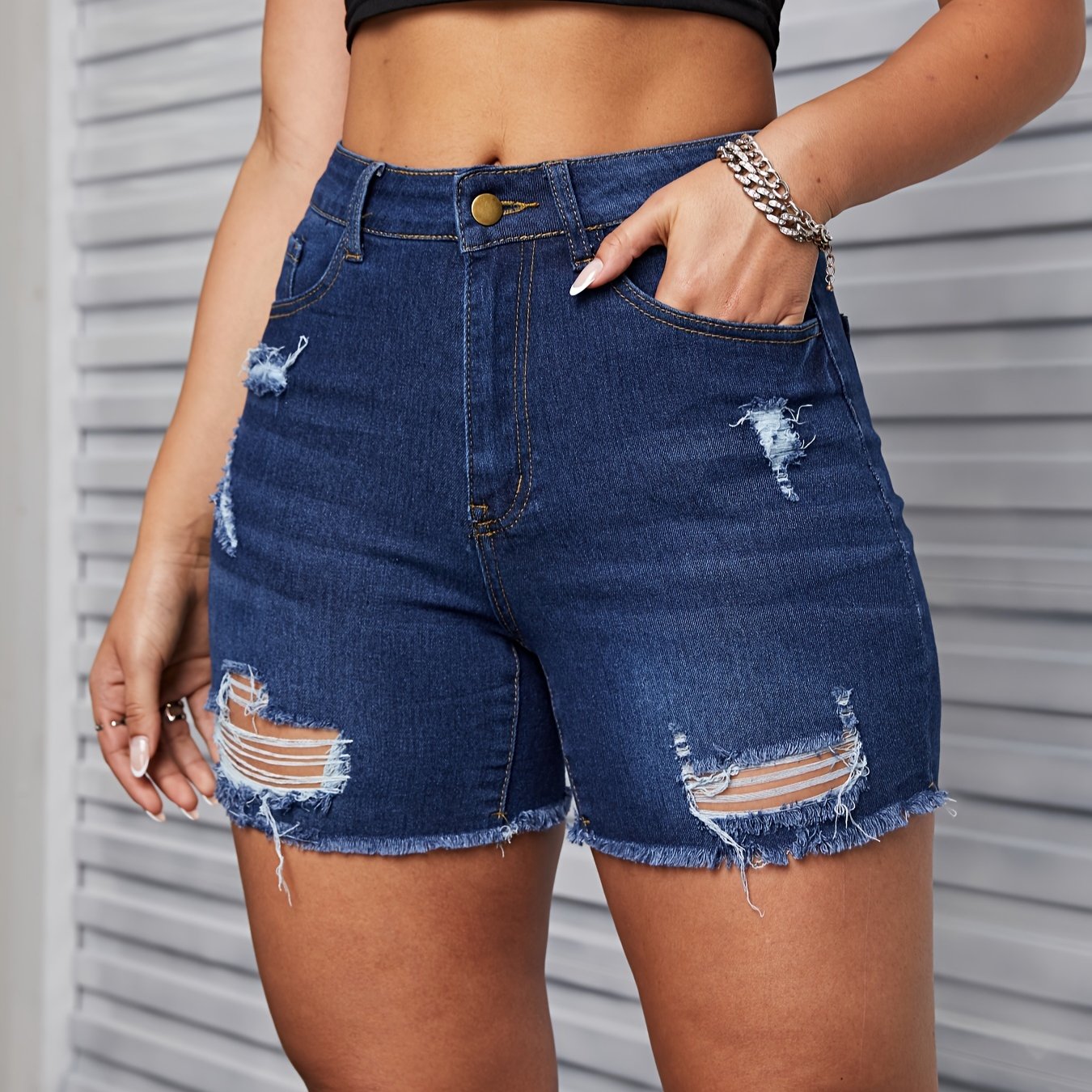 gbolsosBlue Raw Hem Denim Shorts, Slim Fit Ripped Distressed High-Stretch Short Denim Pants, Women's Denim Jeans & Clothing