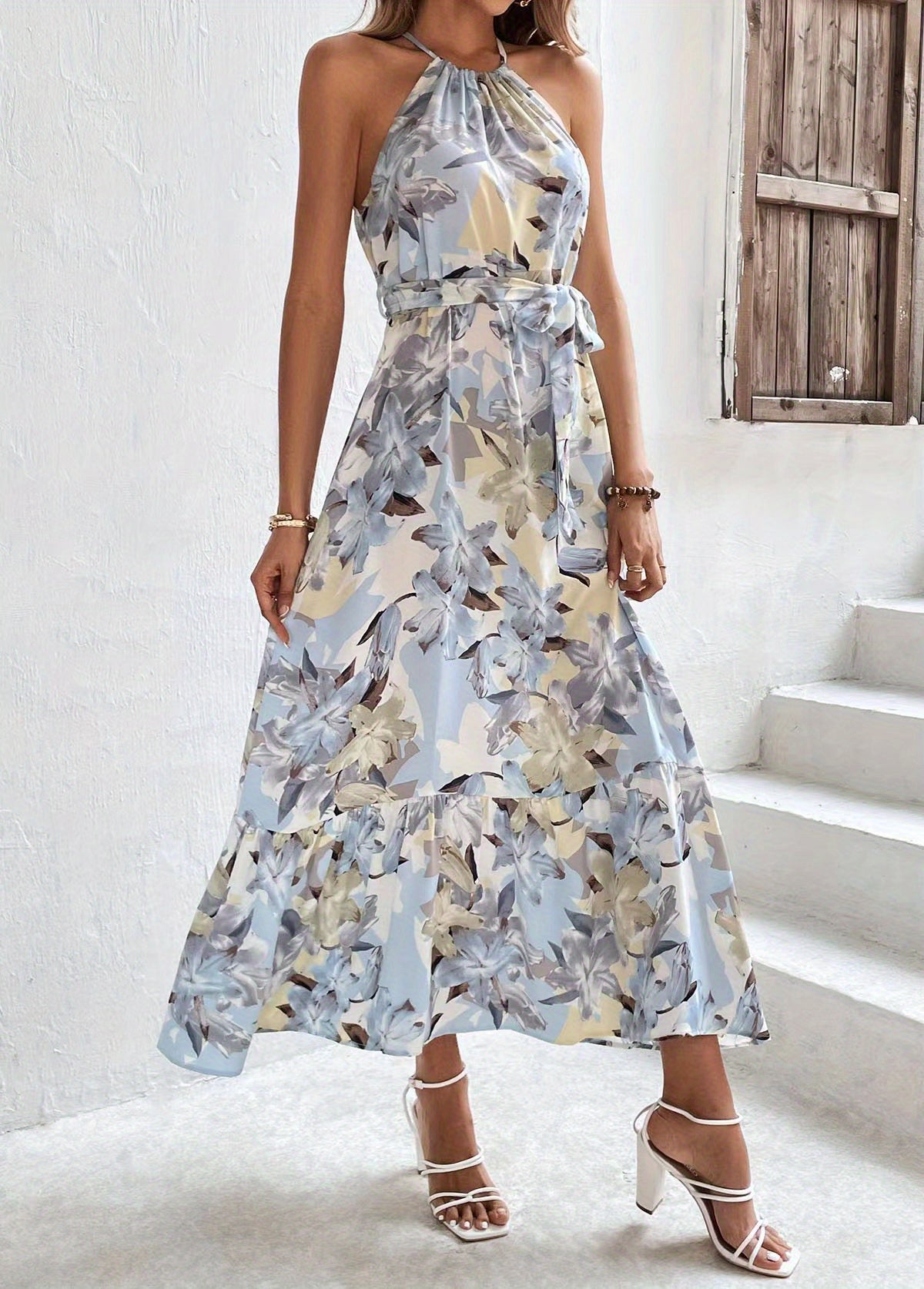 Floral Print Ruched Dress, Boho Sleeveless Ruffle Maxi Dress, Women's Clothing