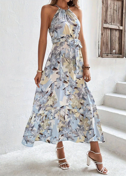 Floral Print Ruched Dress, Boho Sleeveless Ruffle Maxi Dress, Women's Clothing