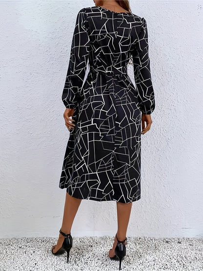 gbolsos  Geo Print Dress, Casual Crew Neck Long Sleeve Midi Dress, Women's Clothing