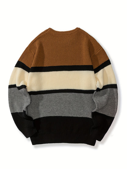 gbolsos  Plus Size Men's Fashion Stitching Color Stripe Sweater For Spring/autumn/winter, Long-sleeved Knit Pullover Sweater