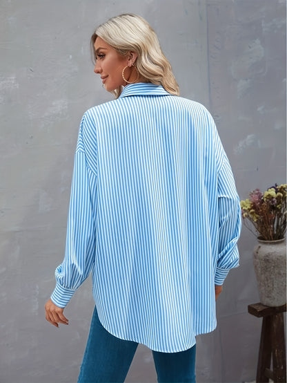 gbolsos  Striped Drop Shoulder Shirt, Versatile Patched Pockets Shirt For Spring & Fall, Women's Clothing