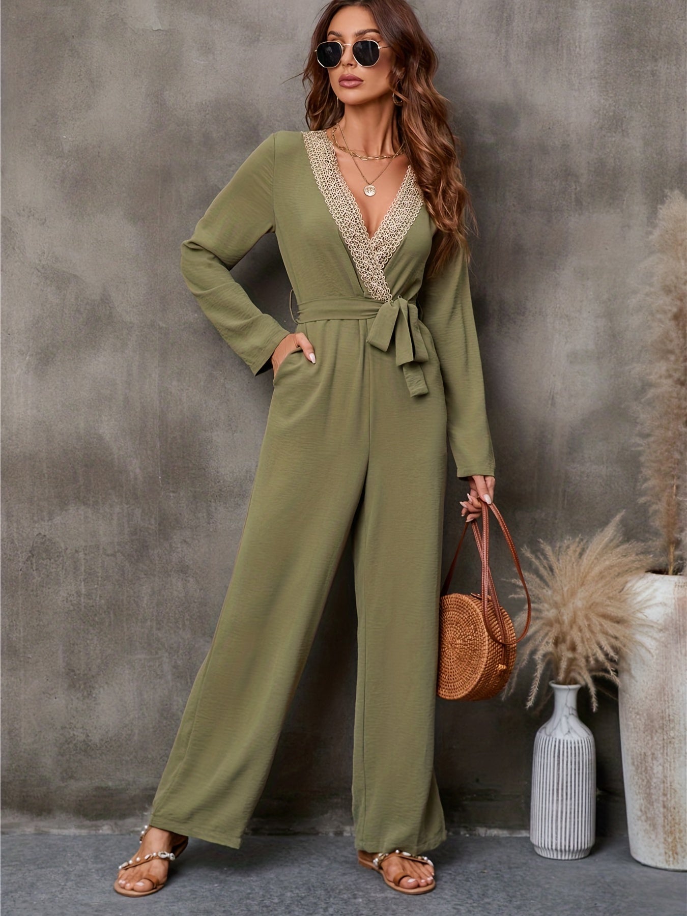 gbolsos  Contrast Lace V Neck Straight Leg Jumpsuit, Casual Long Sleeve Belted Jumpsuit For Spring & Fall, Women's Clothing