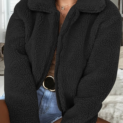 Plus Size Casual Coat, Women's Plus Solid Teddy Fleece Long Sleeve Zip Up Lapel Collar Coat