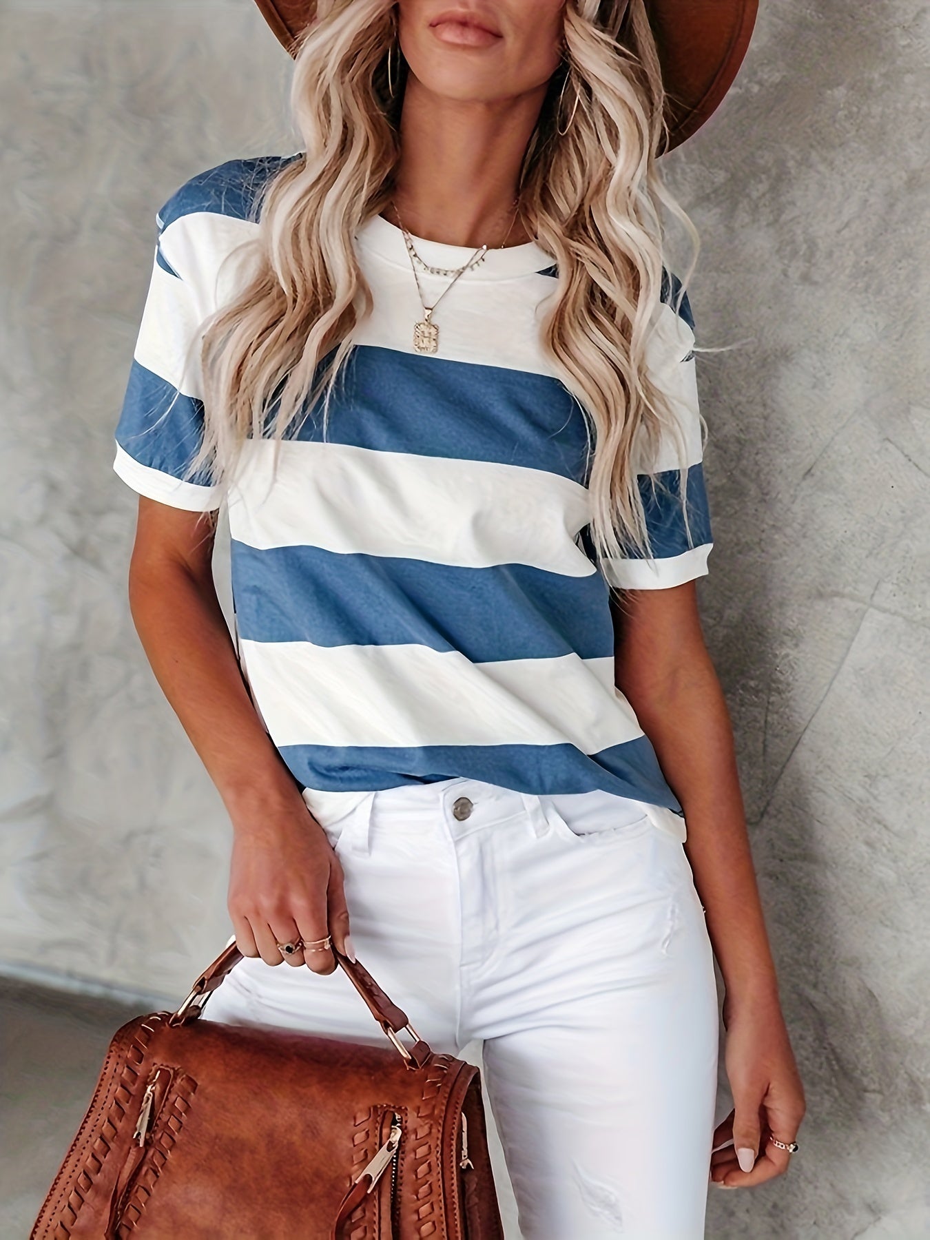 gbolsos  Short Sleeve Striped T-Shirt, Crew Neck Casual Top For Summer & Spring, Women's Clothing